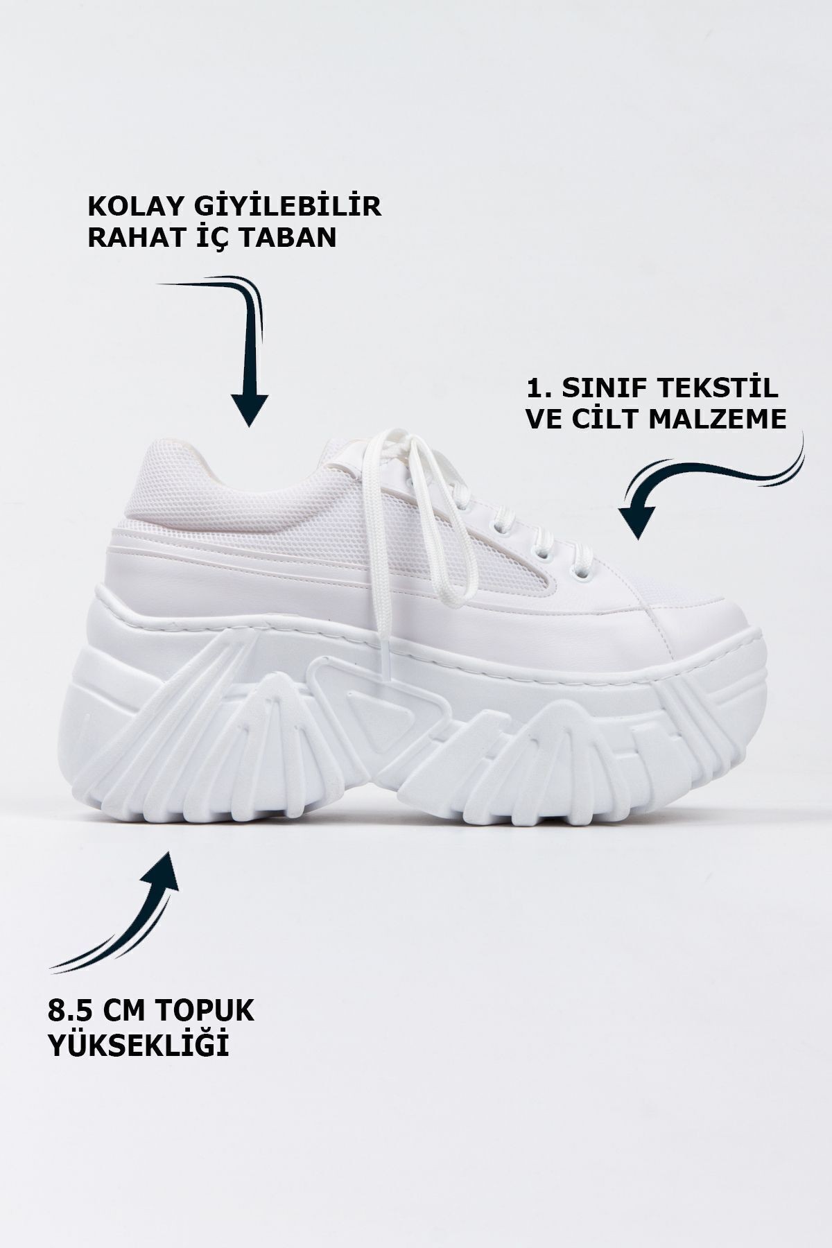 Beyaz Bağcıklı Yüksek Taban Cilt Günlük Kadın Fileli Sneaker Spor Ayakkabı