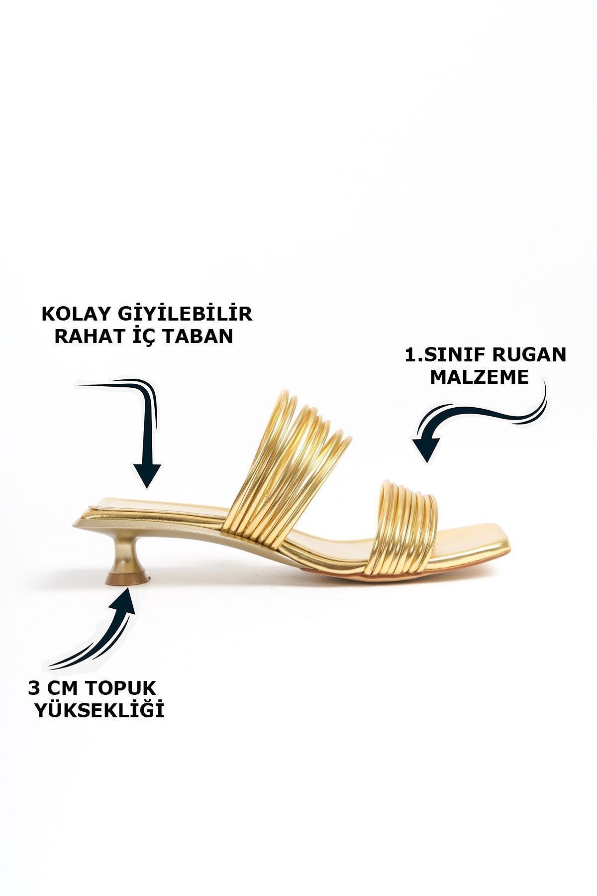 Gold Parlak Rugan İnce Çoklu Şeritli Alçak Topuklu Kadın Abiye Yazlık Günlük Terlik Sandalet