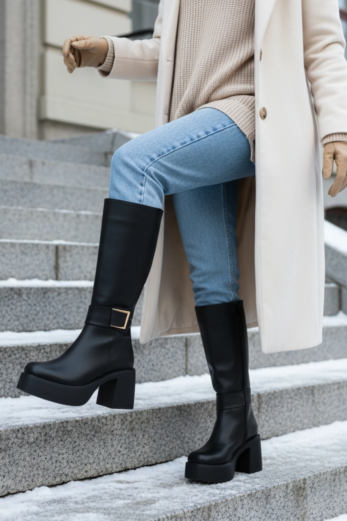 Deri Görünümlü Gold Tokalı Kalın Yüksek Platform Topuklu Fermuarlı Uzun Kadın Siyah Çizme