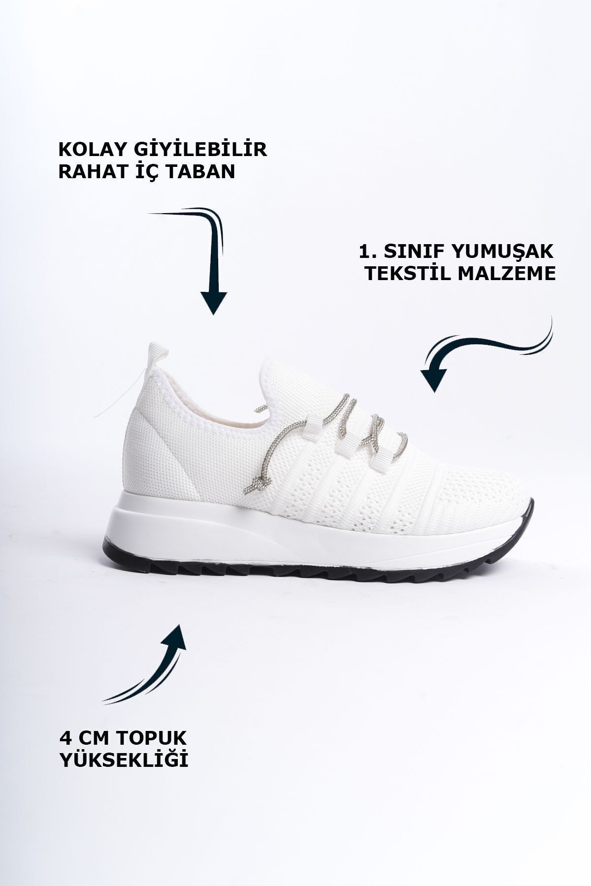 Beyaz Üstten Şerit Bağcık Detaylı Yumuşak Tekstil Rahat Günlük Sneaker Kadın Spor Yürüyüş Ayakkabısı