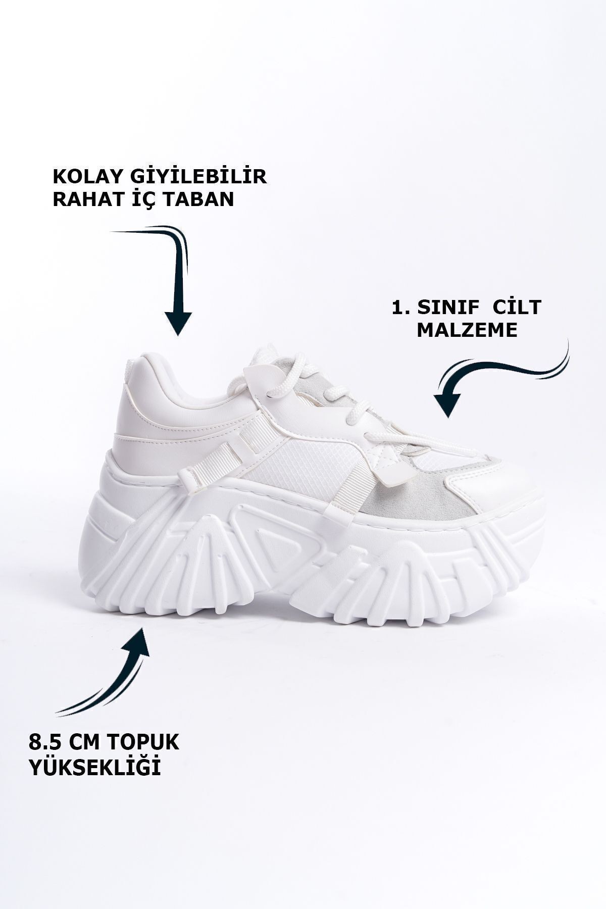 Beyaz Cilt Bağcıklı Yüksek Taban Günlük Kadın Sneaker Spor Ayakkabı