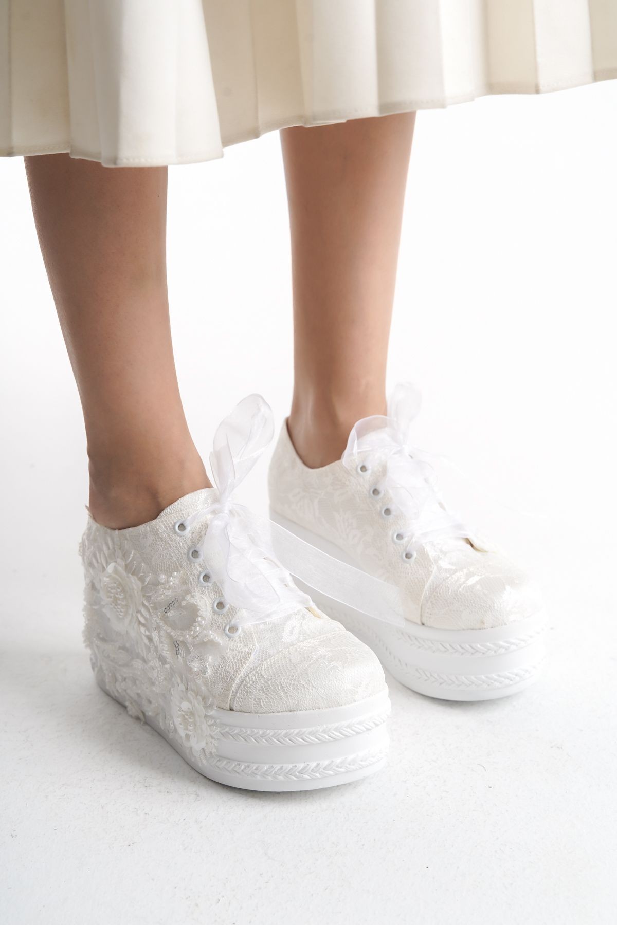 Cilt Yüksek Dolgu Topuklu Sneaker Kadın Abiye Gelinlik Düğün Nişan Ayakkabısı