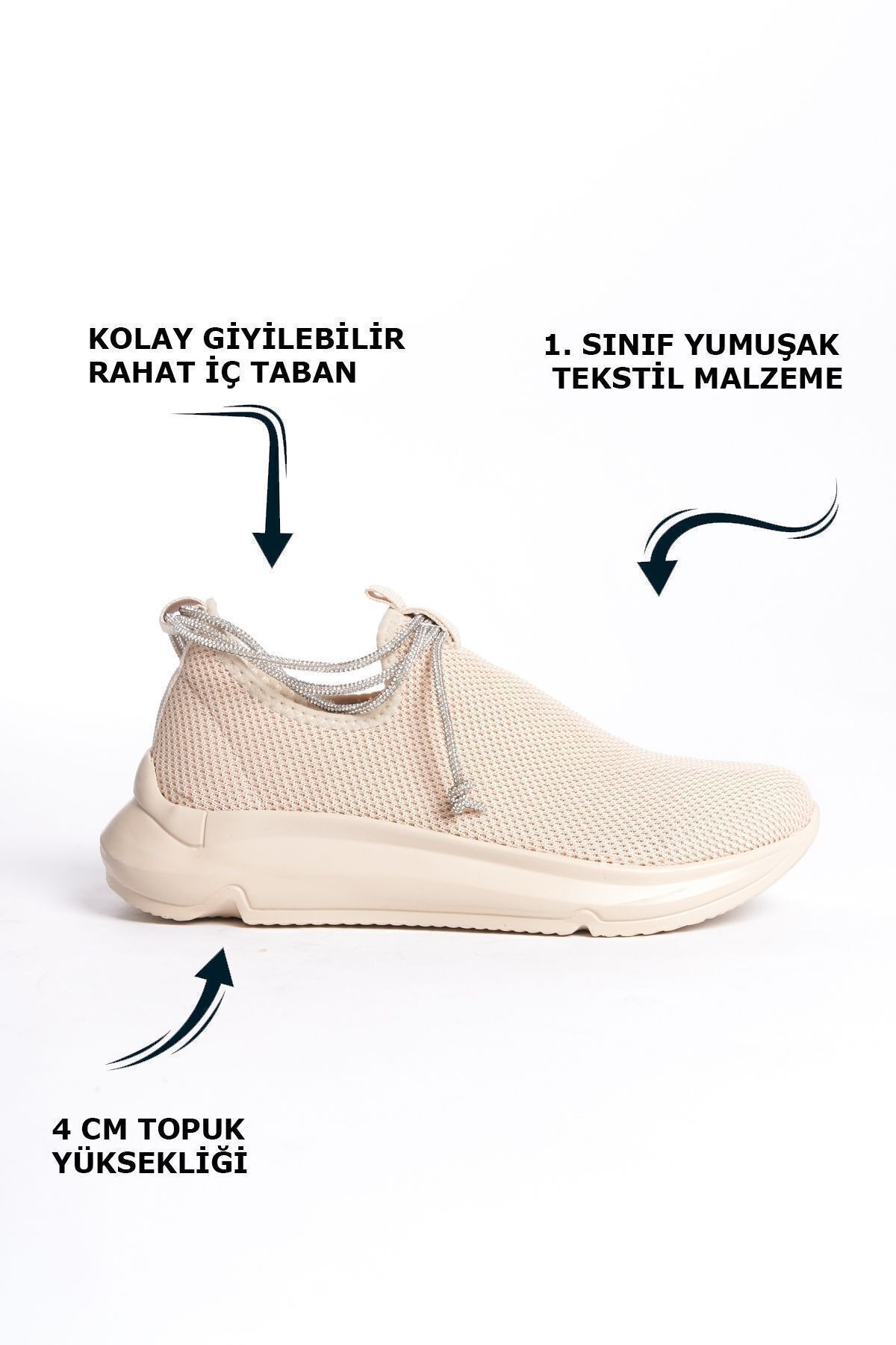 Krem Parlak Şerit Detaylı Yumuşak Tekstil Rahat Günlük Sneaker Kadın Spor Yürüyüş Ayakkabısı