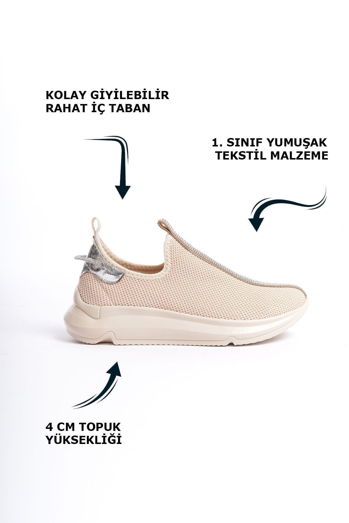 Krem Ortadan Parlak Şerit Detaylı Yumuşak Tekstil Günlük Sneaker Kadın Spor Yürüyüş Ayakkabısı