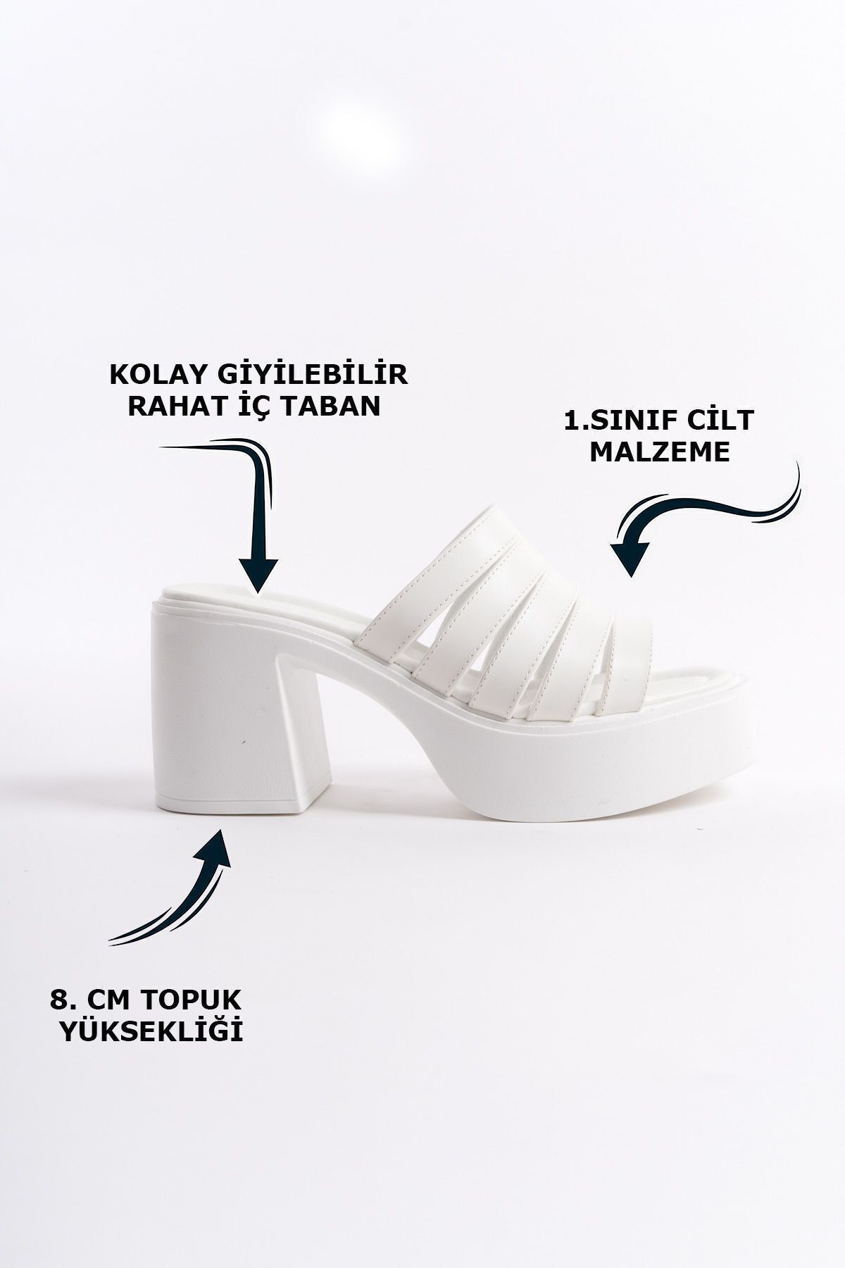 Yüksek Dolgu Topuklu Suni Deri Beş İnce Şeritli Önü Açık Yazlık Kadın Terlik Sandalet