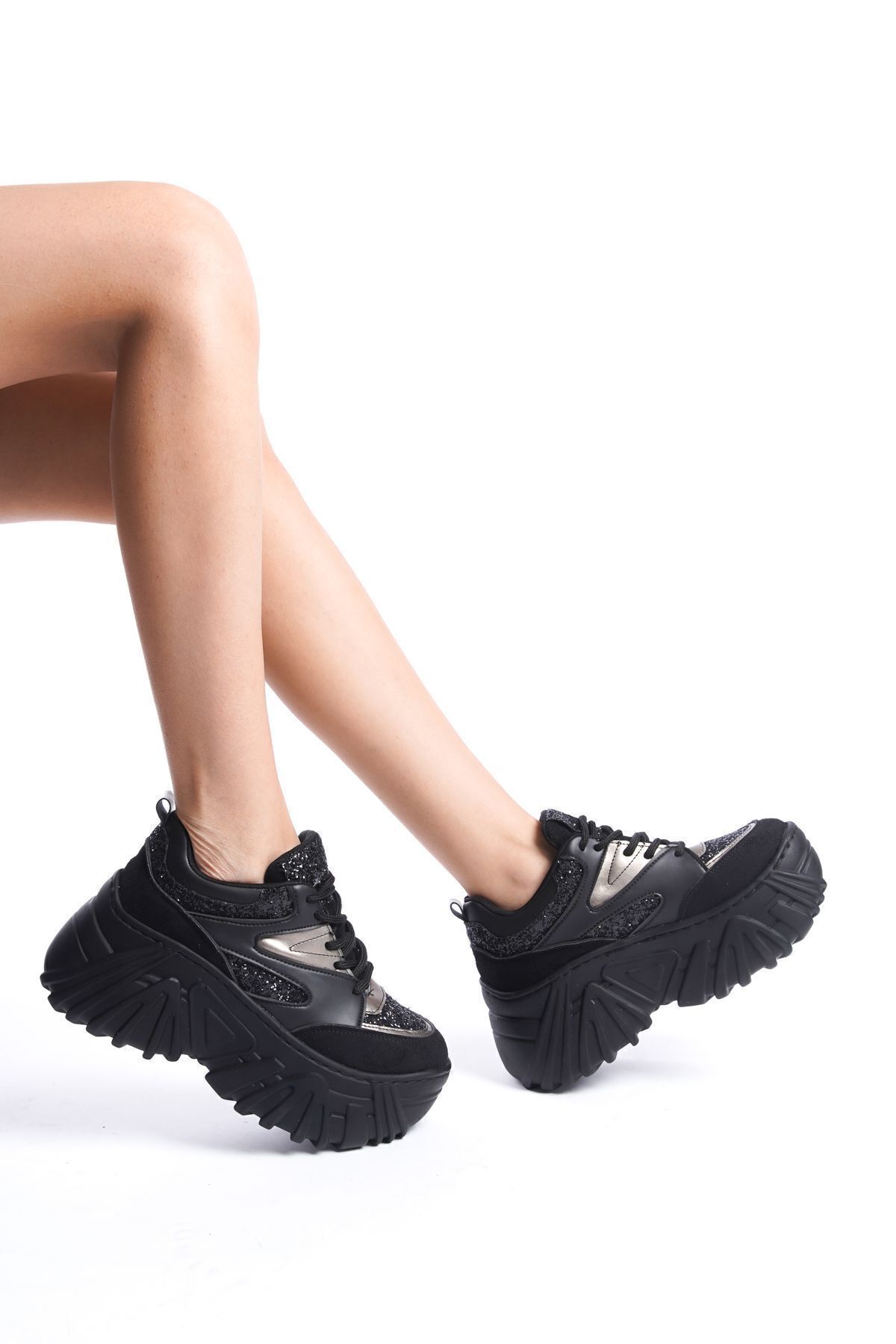 Cilt Süet Parlak Taş Detaylı Bağcıklı Yüksek Taban Günlük Kadın Sneaker Spor Ayakkabı