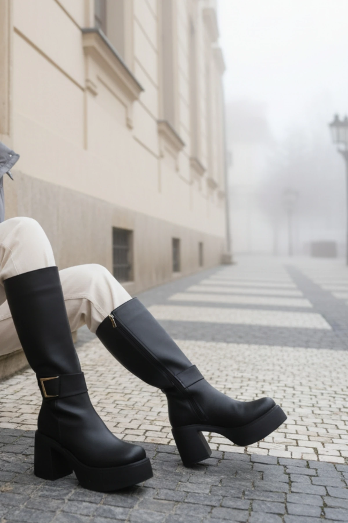 Deri Görünümlü Gold Tokalı Kalın Yüksek Platform Topuklu Fermuarlı Uzun Kadın Siyah Çizme