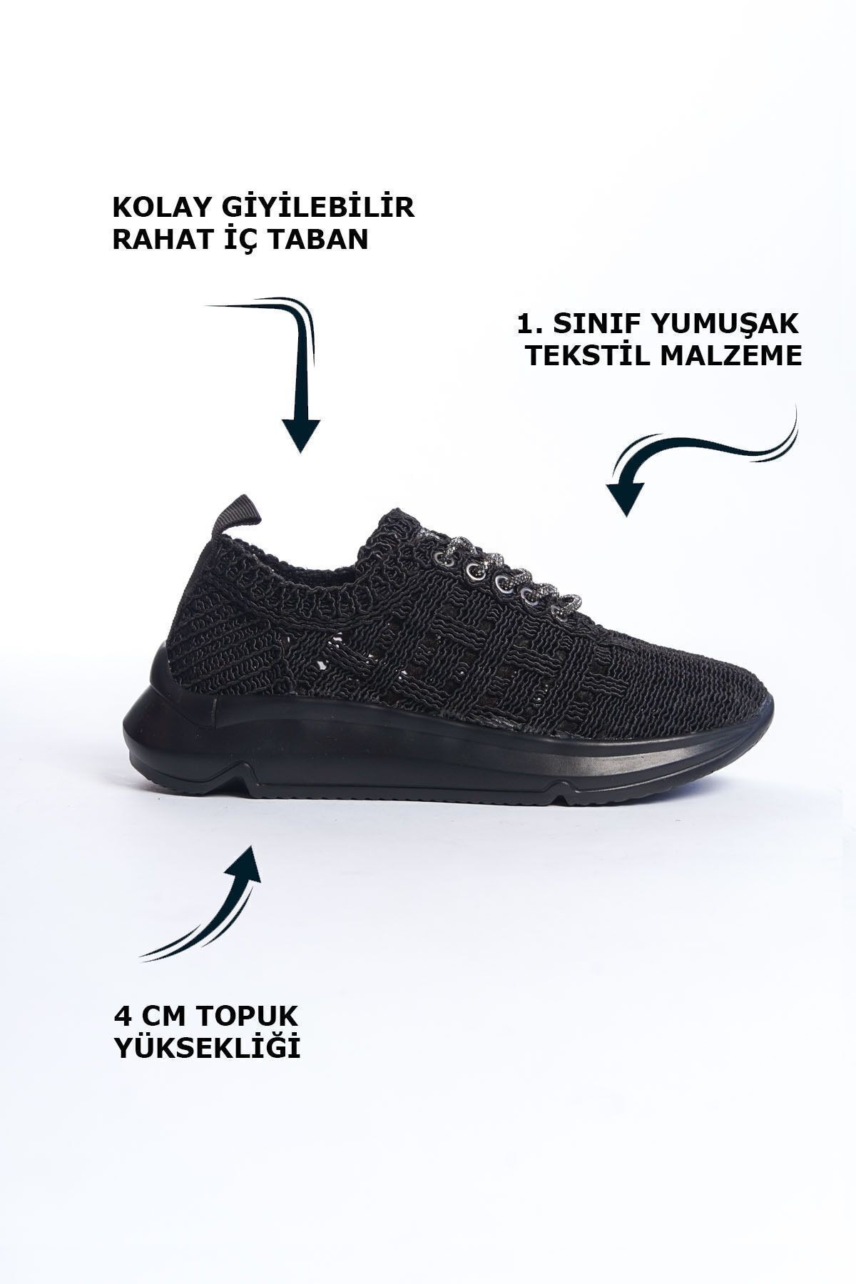 Siyah Parlak Bağcıklı Yumuşak Tekstil Rahat Günlük Sneaker Kadın Spor Yürüyüş Ayakkabısı