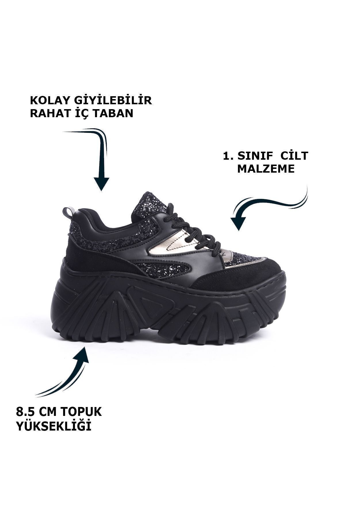 Cilt Süet Parlak Taş Detaylı Bağcıklı Yüksek Taban Günlük Kadın Sneaker Spor Ayakkabı