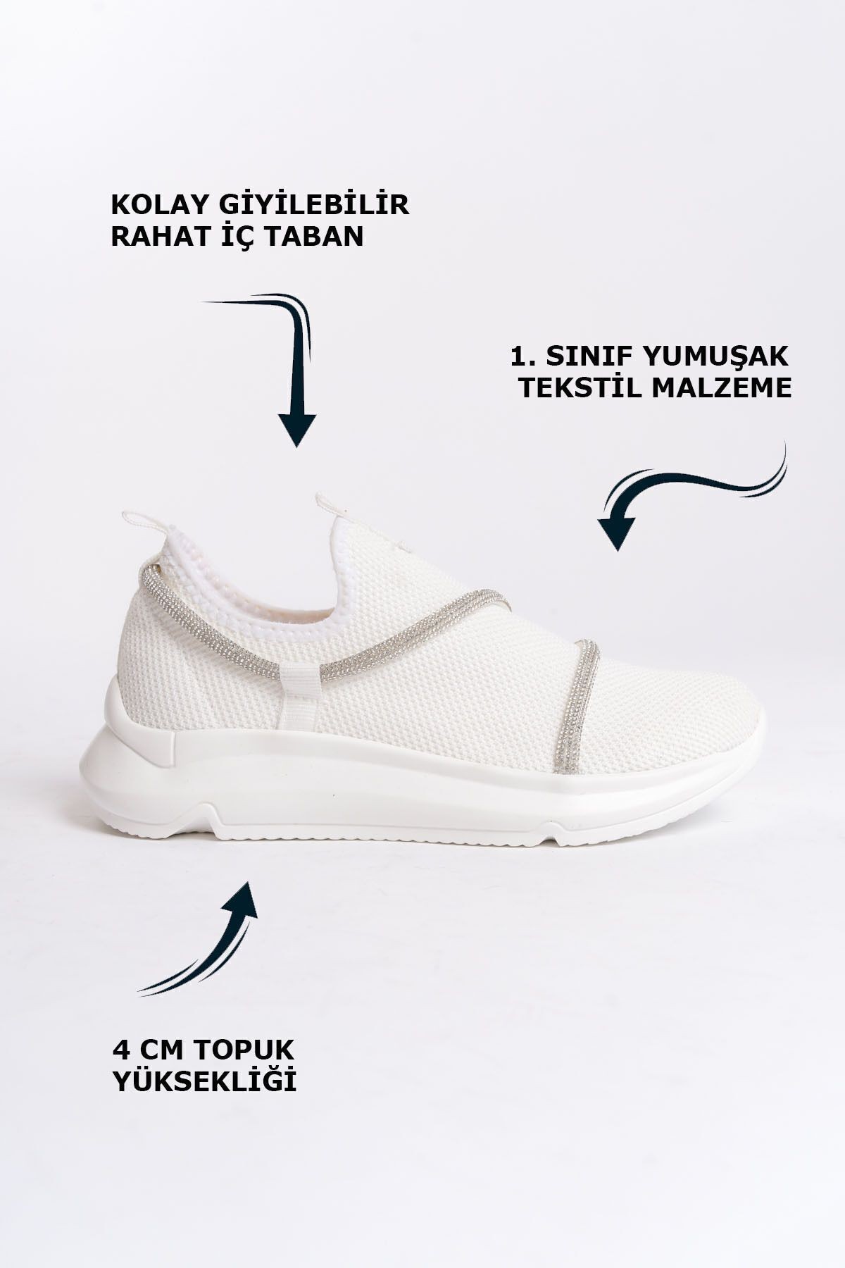 Beyaz Üstten Şerit Detaylı Yumuşak Tekstil Rahat Günlük Sneaker Kadın Spor Yürüyüş Ayakkabısı