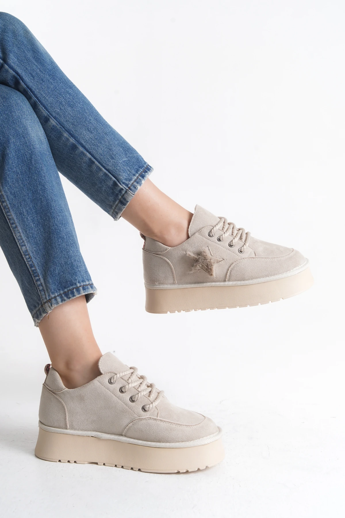 Kadın Halat Bağcıklı Süet Yıldız Detaylı Kalın Taban Bot & Bootie