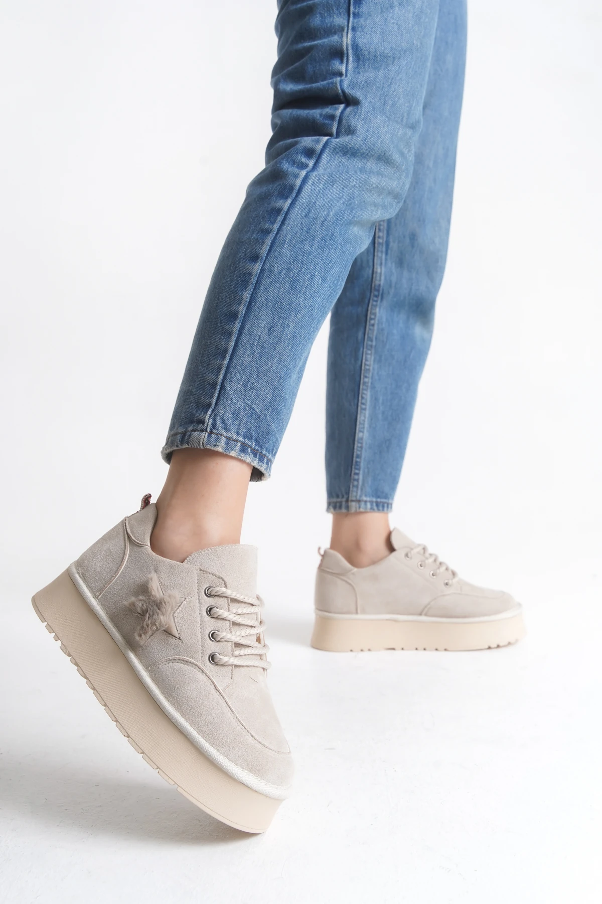 Kadın Halat Bağcıklı Süet Yıldız Detaylı Kalın Taban Bot & Bootie