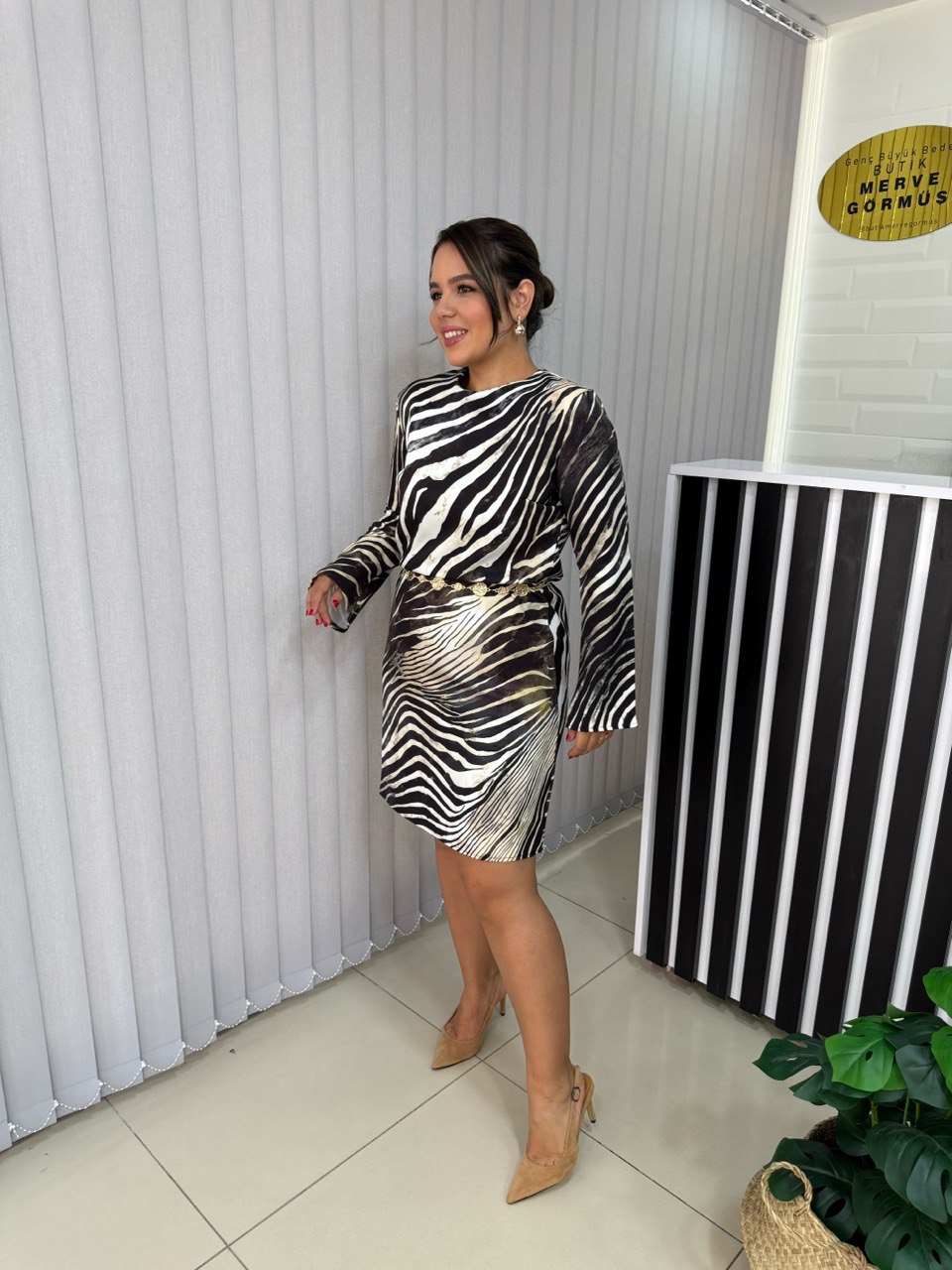 Gold Kemerli Zebra Desen Elbise