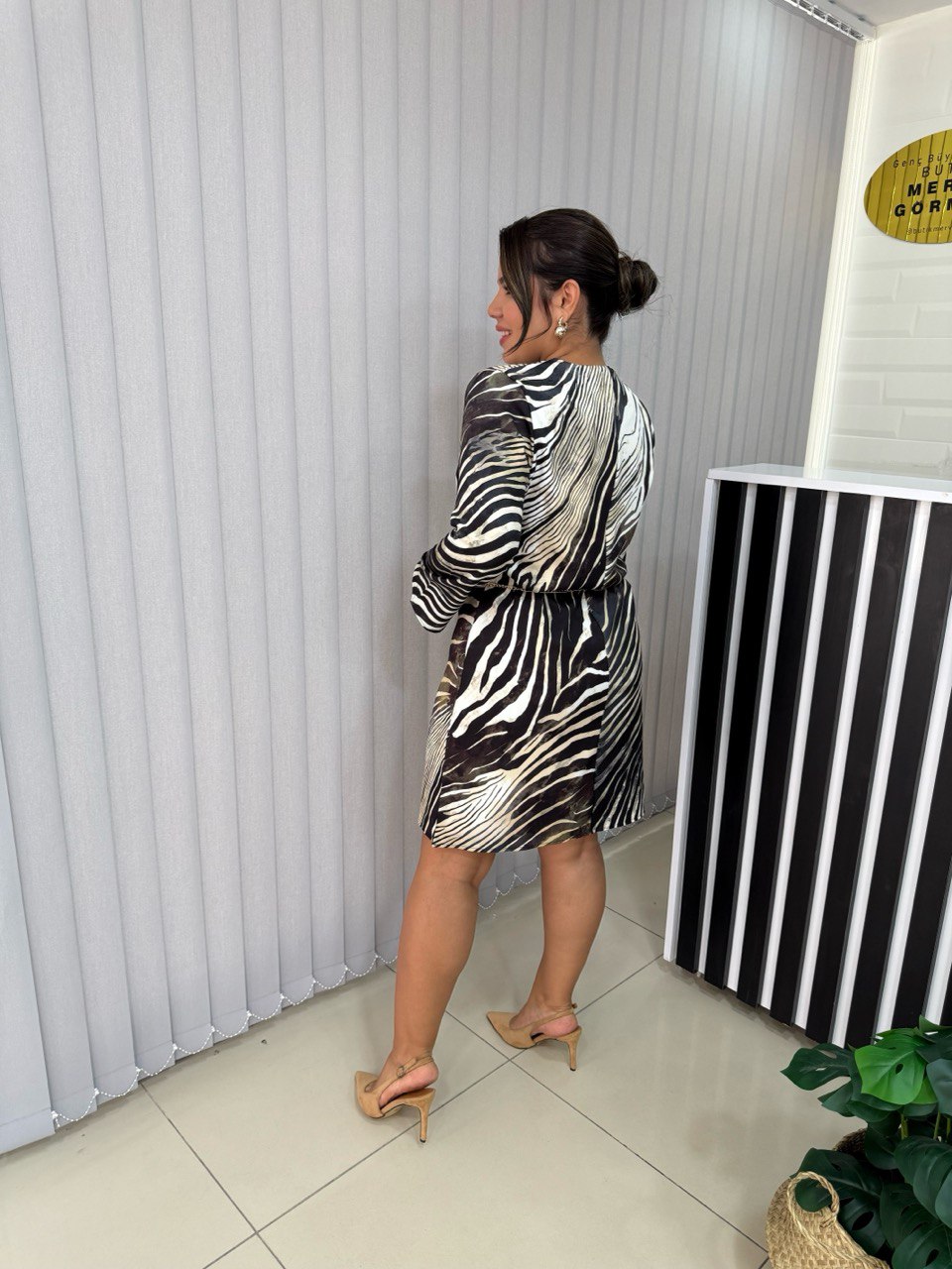 Gold Kemerli Zebra Desen Elbise