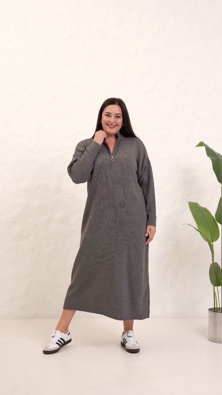 Maxi Boy Fermuar Detay Fitilli Triko Elbise