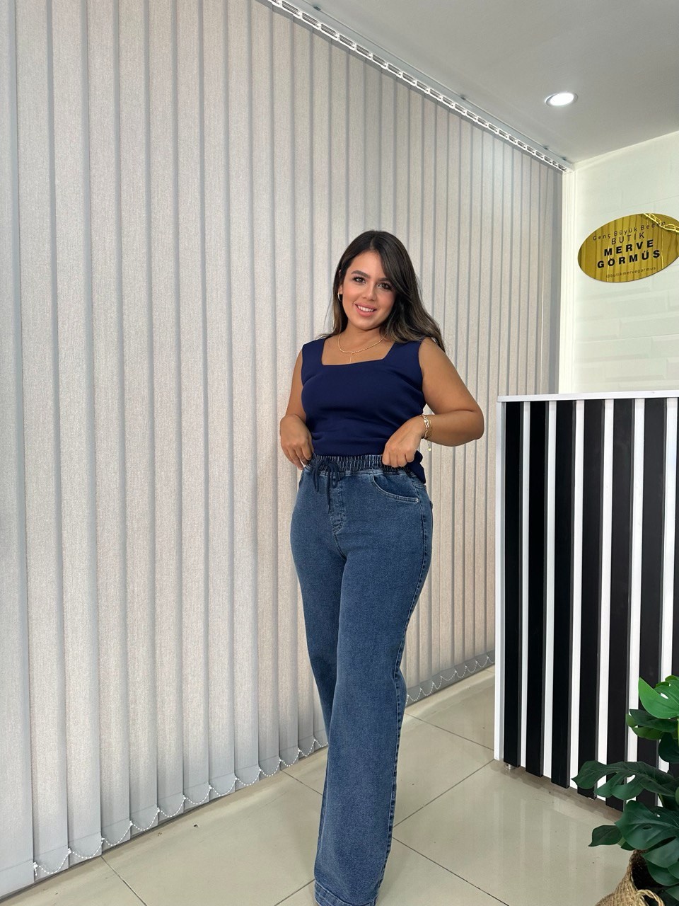 Denim Beli Lastikli Pantolon - Mavi