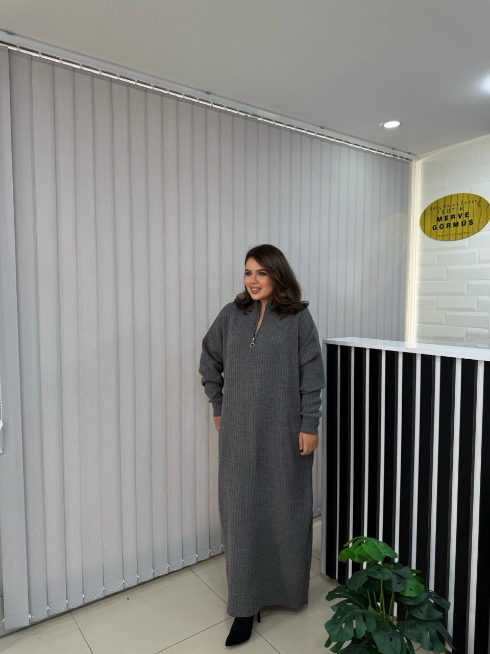 Maxi Boy Fermuar Detay Fitilli Triko Elbise