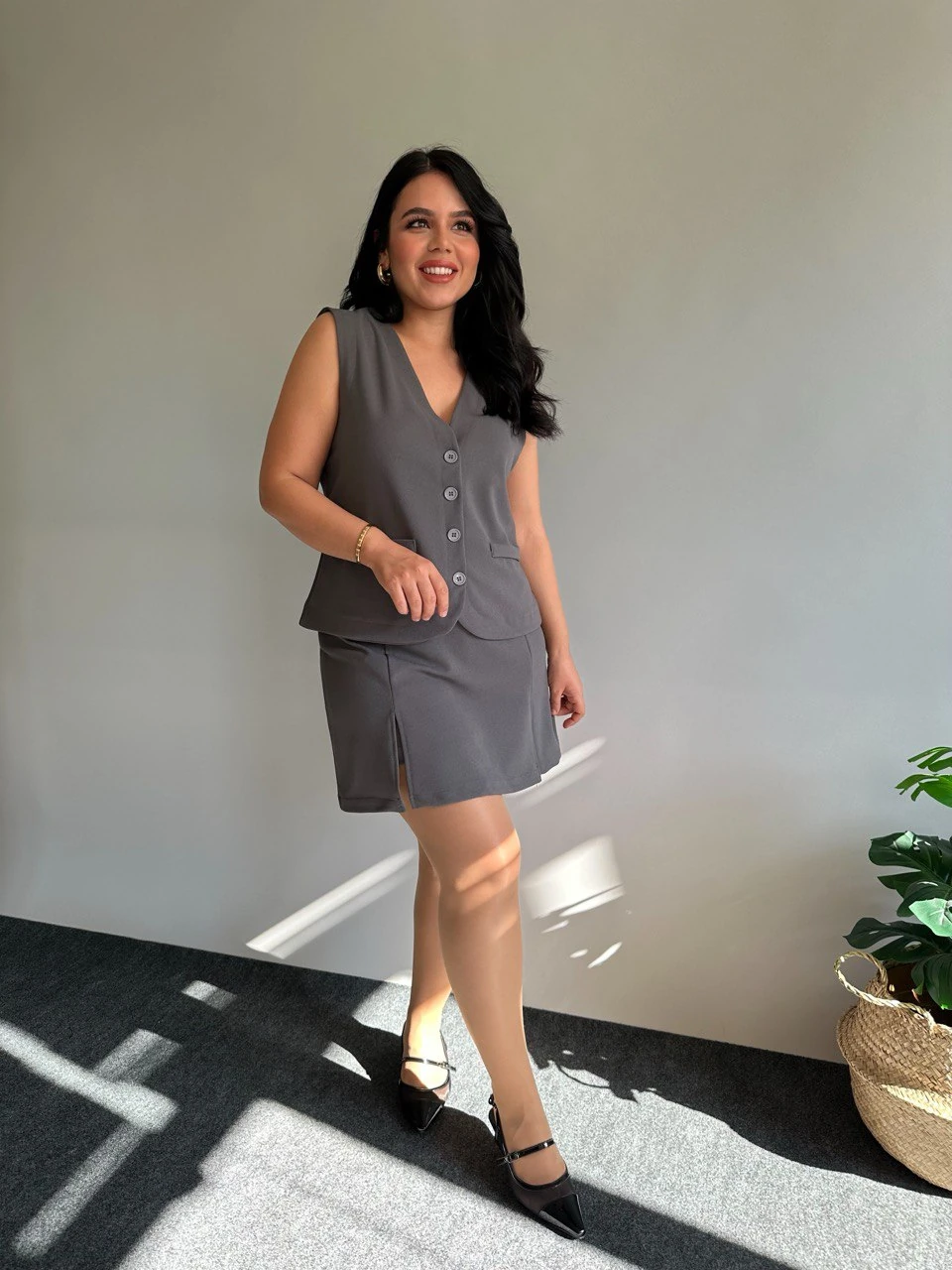 Likralı Çift Yırtmaç Şortlu Etek - Gri