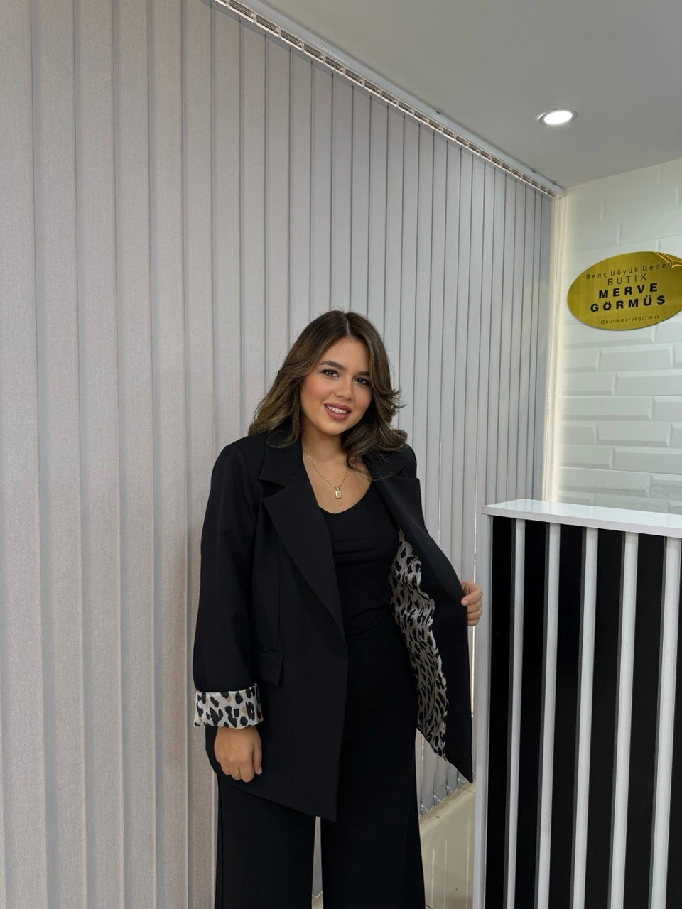 Leopar Detaylı Blazer Ceket - Siyah