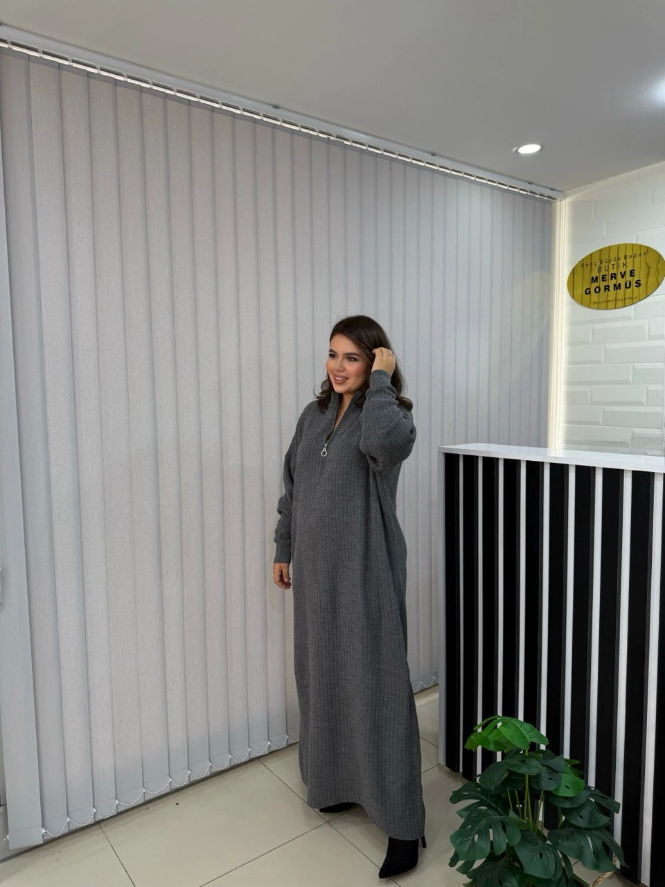 Maxi Boy Fermuar Detay Fitilli Triko Elbise