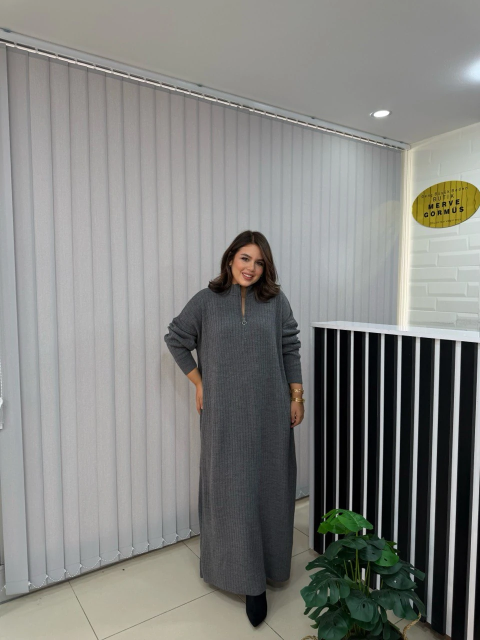 Maxi Boy Fermuar Detay Fitilli Triko Elbise