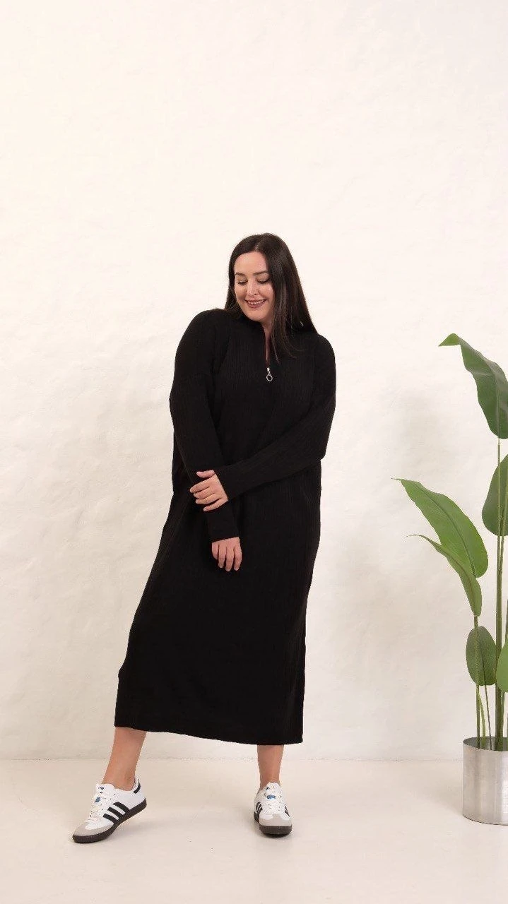 Maxi Boy Fermuar Detay Fitilli Triko Elbise