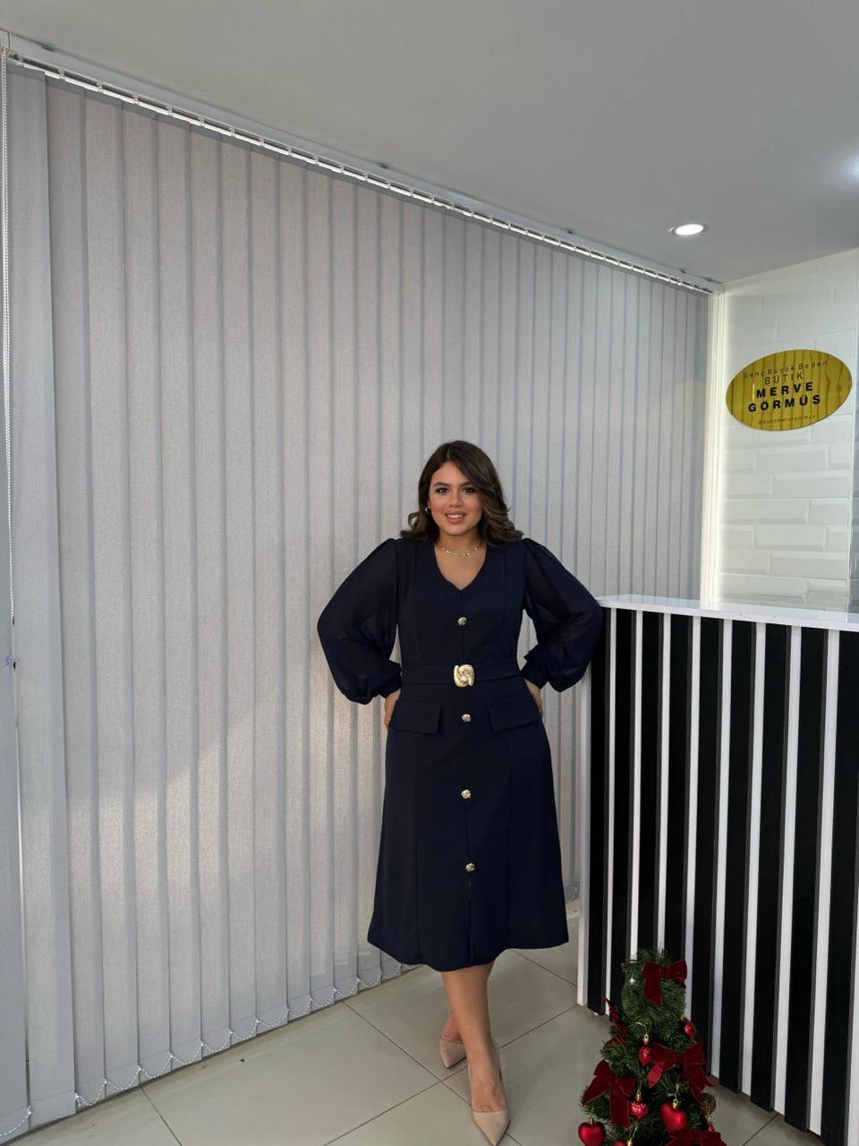 Clara Kemer Gold Detaylı Elbise - Lacivert