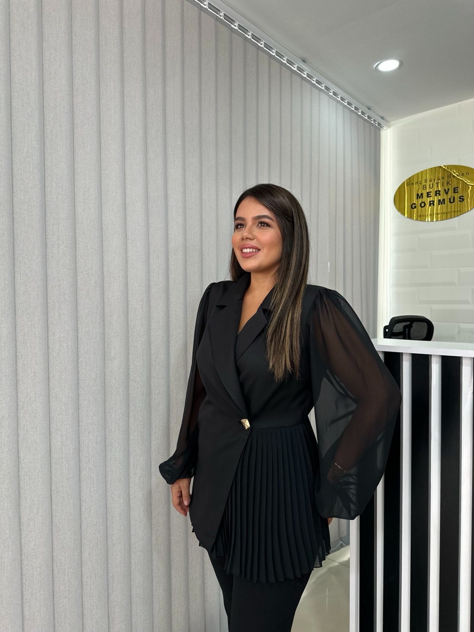 Şifon Kol Premium Vatkalı Tasarım Ceket - Siyah