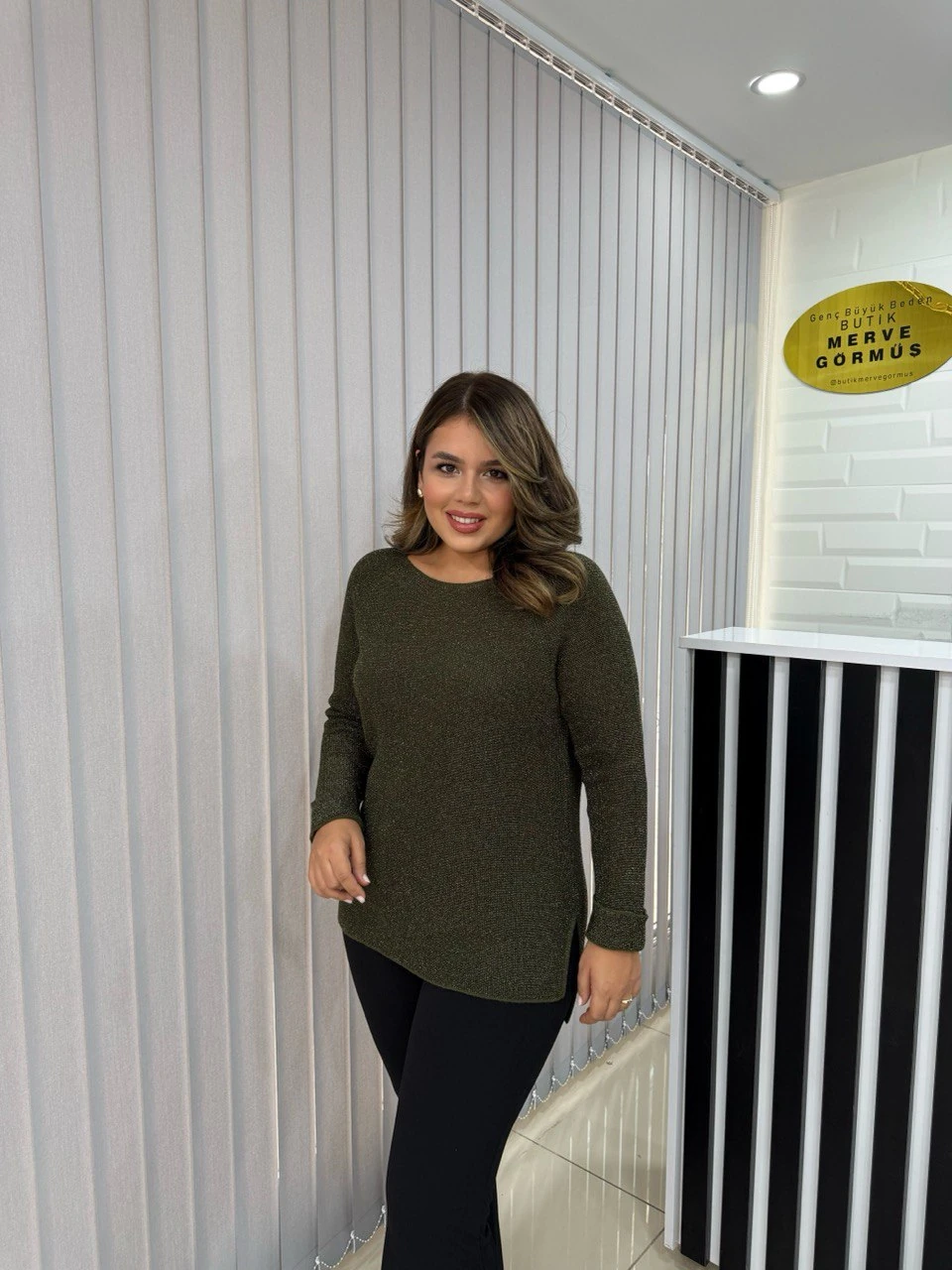 Duble Kol Simli Triko Bluz - Haki Yeşil