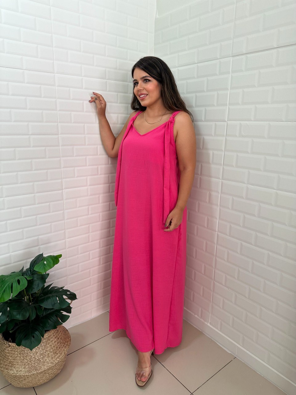 Keten Düğüm Askılı Elbise - Pembe
