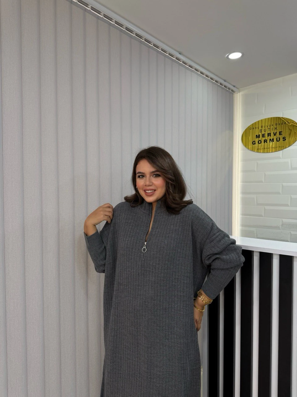 Maxi Boy Fermuar Detay Fitilli Triko Elbise