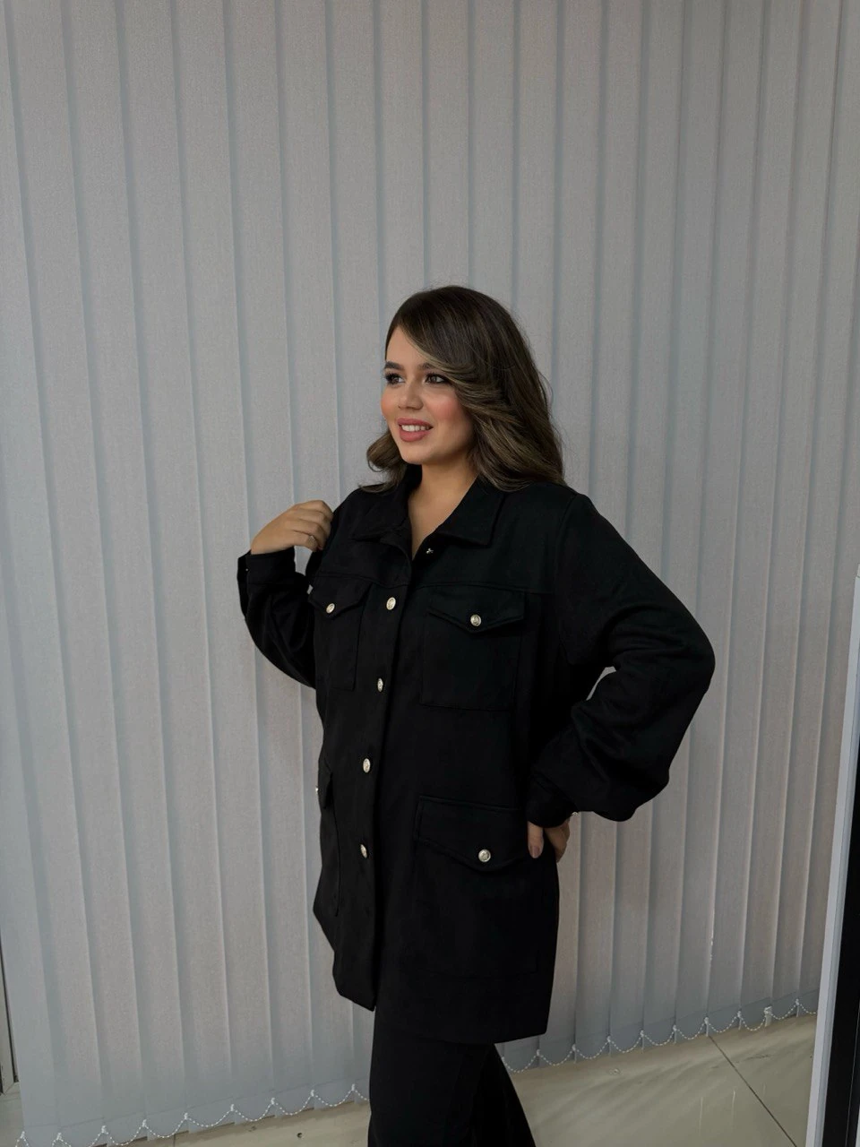 Düğmeli Süet Ceket - Siyah