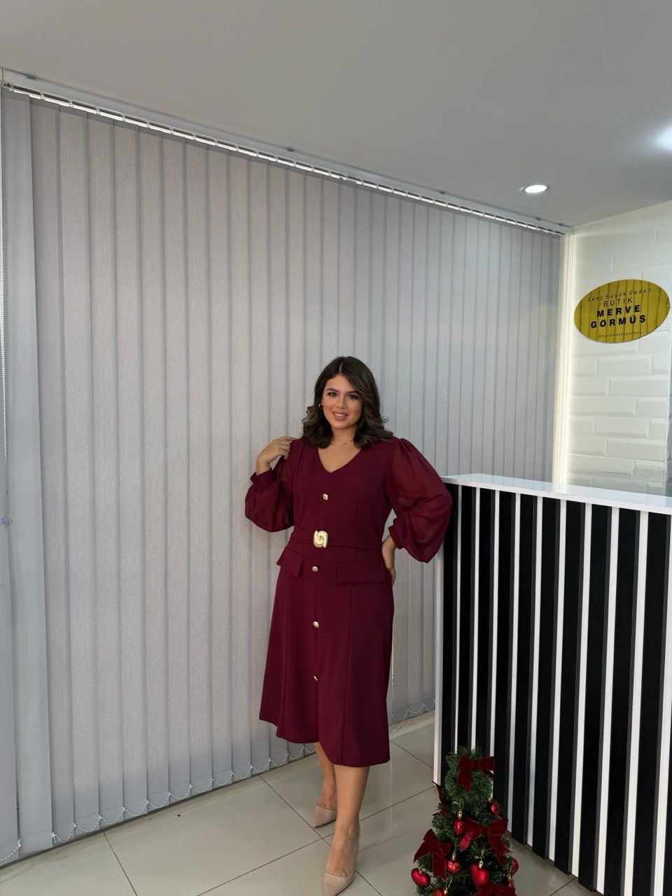 Clara Kemer Gold Detaylı Elbise - Bordo