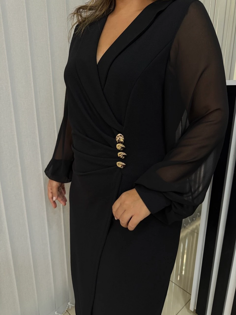 Gömlek Yaka Gold Detaylı Likralı Krep Elbise