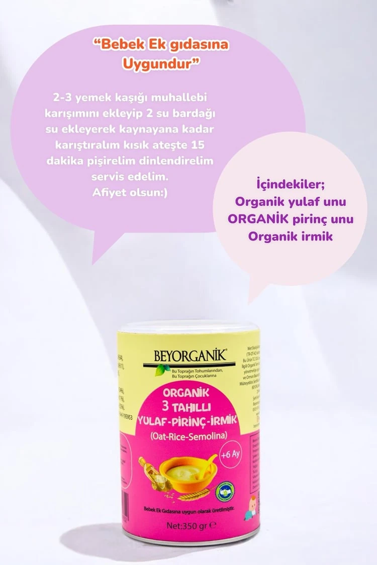 Bebek Ek Gıdası Organik 3 Tahıllı Yulaf Pirinç İrmik 350gr +6ay (PESTİSİT VE AFLATOKSİN ANALİZLİ)