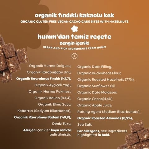 Organik Glutensiz Vegan Kakaolu ve Fındıklı Kek - 30g