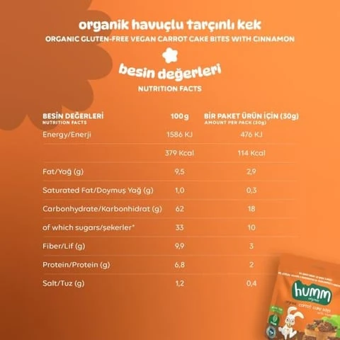 Organik Glutensiz Vegan Havuçlu ve Tarçınlı Kek - 30g