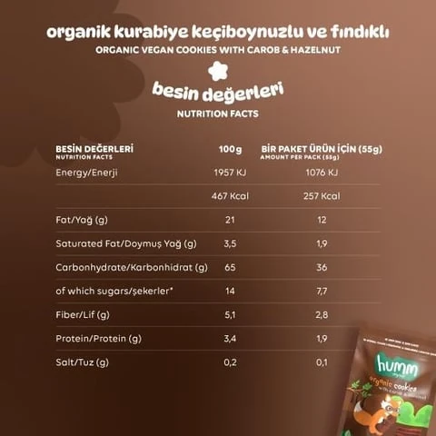 Organik Vegan Keçiboynuzlu ve Fındıklı Kurabiye - 55g