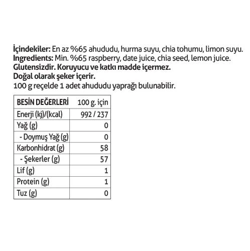 Ahududu Reçeli Chia Tohumlu Şeker İlavesiz %65 Meyve Oranlı 285g