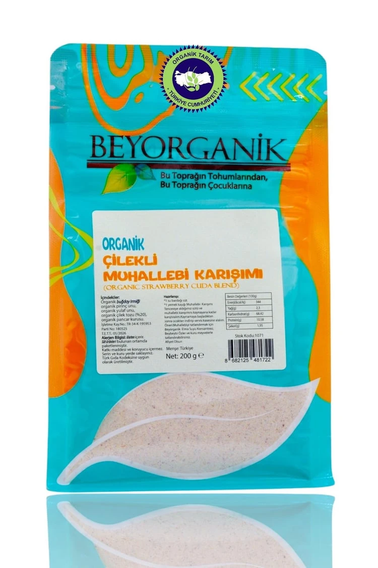 Organik Çilekli Muhallebi Karışımı 200gr +12ay (PESTİSİT VE AFLATOKSİN ANALİZLİ)