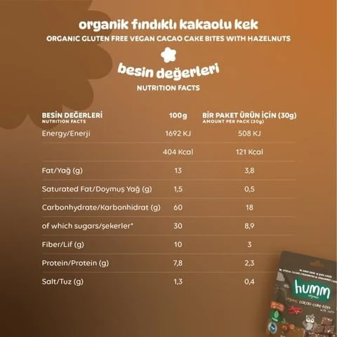 Organik Glutensiz Vegan Kakaolu ve Fındıklı Kek - 30g