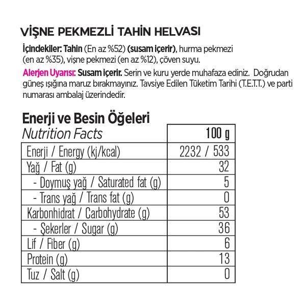 Helvart Vişne Pekmezli Şeker İlavesiz Tahin Helvası 175g