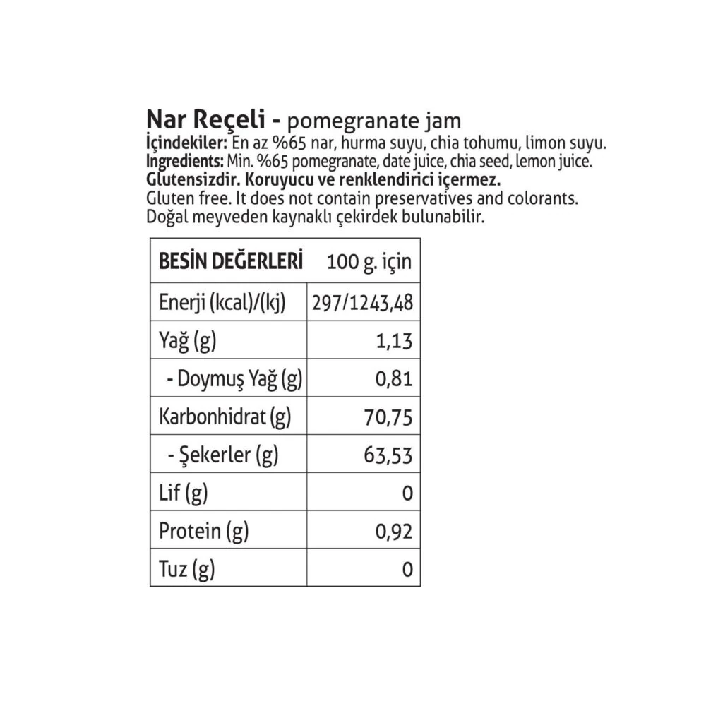 Nar Reçeli Chia Tohumlu Şeker İlavesiz %65 Meyve Oranlı 380g