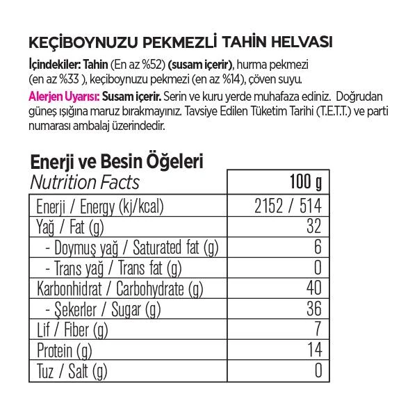Helvart Keçiboynuzu Pekmezli Şeker İlavesiz Tahin Helvası 175g