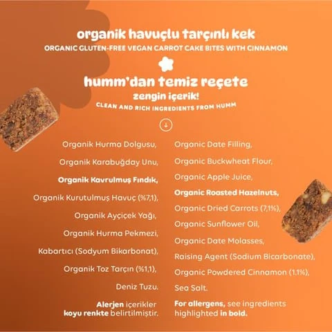 Organik Glutensiz Vegan Havuçlu ve Tarçınlı Kek - 30g