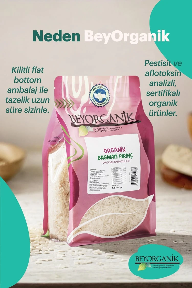 Organik Basmati pirinç 1000gr (Pestisit ve Aflatoksin Analizli)