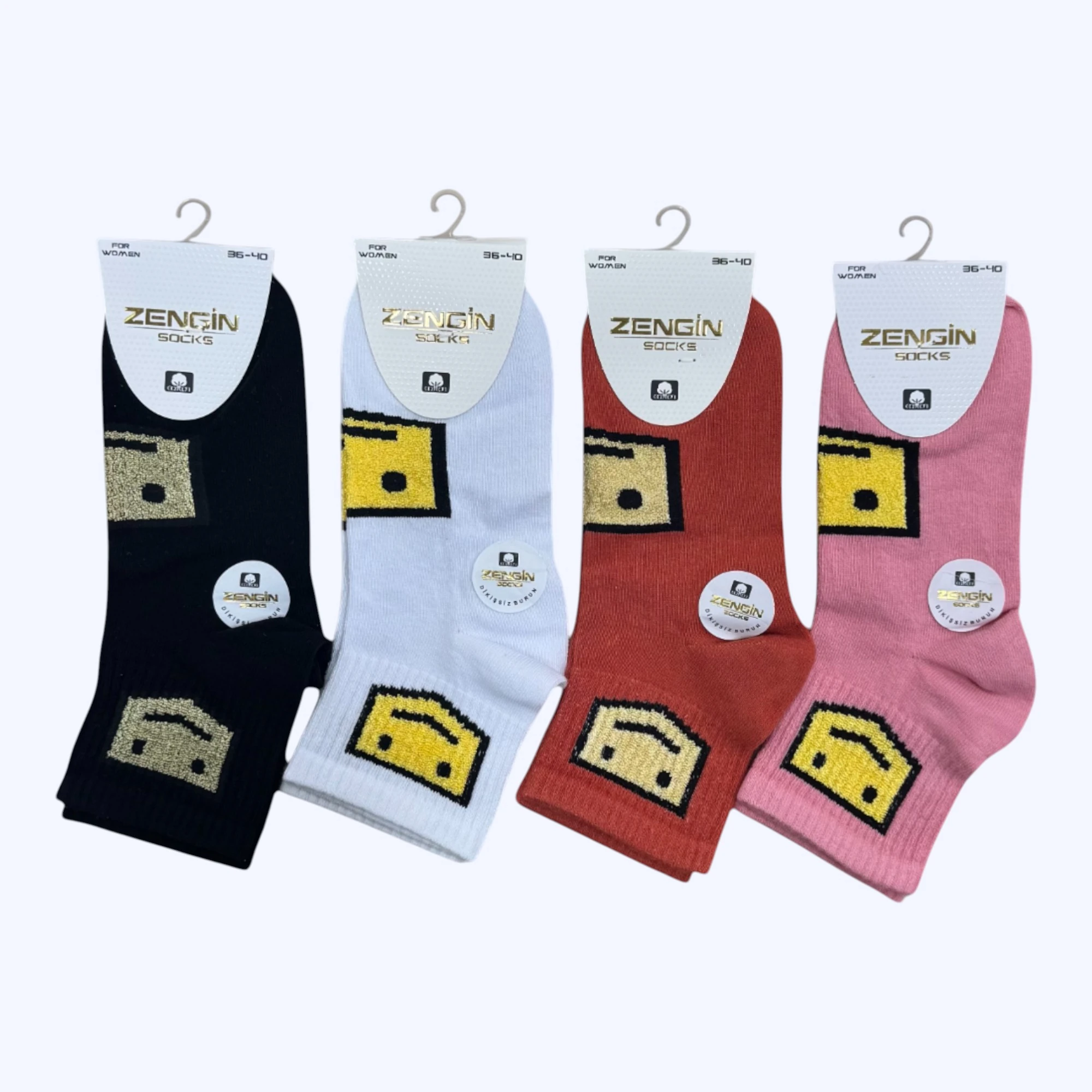 Penye Kare Emojili Kadın Kısa Konç