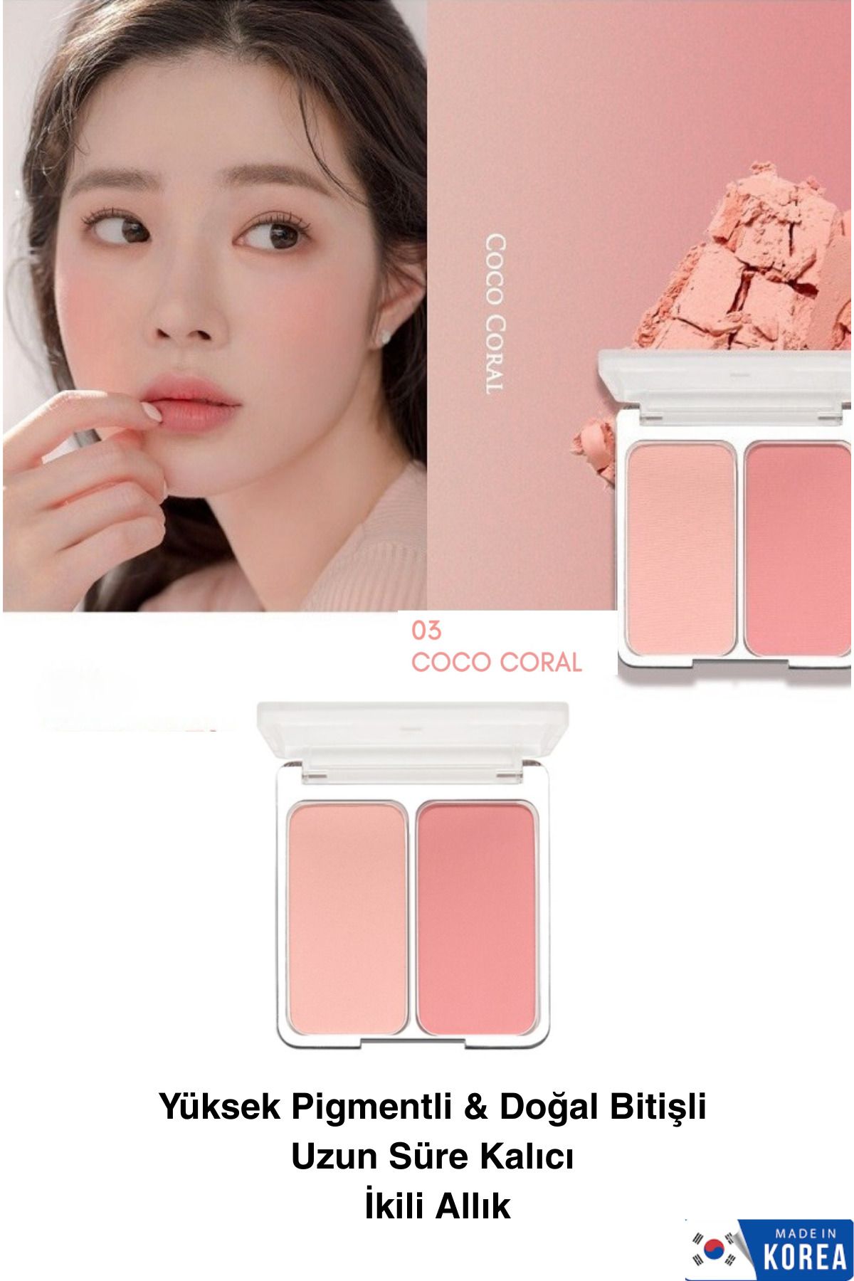 Yüksek Pigmentli & Doğal Bitişli Uzun Süre Kalıcı İkili Toz Allık 03 Coco Coral