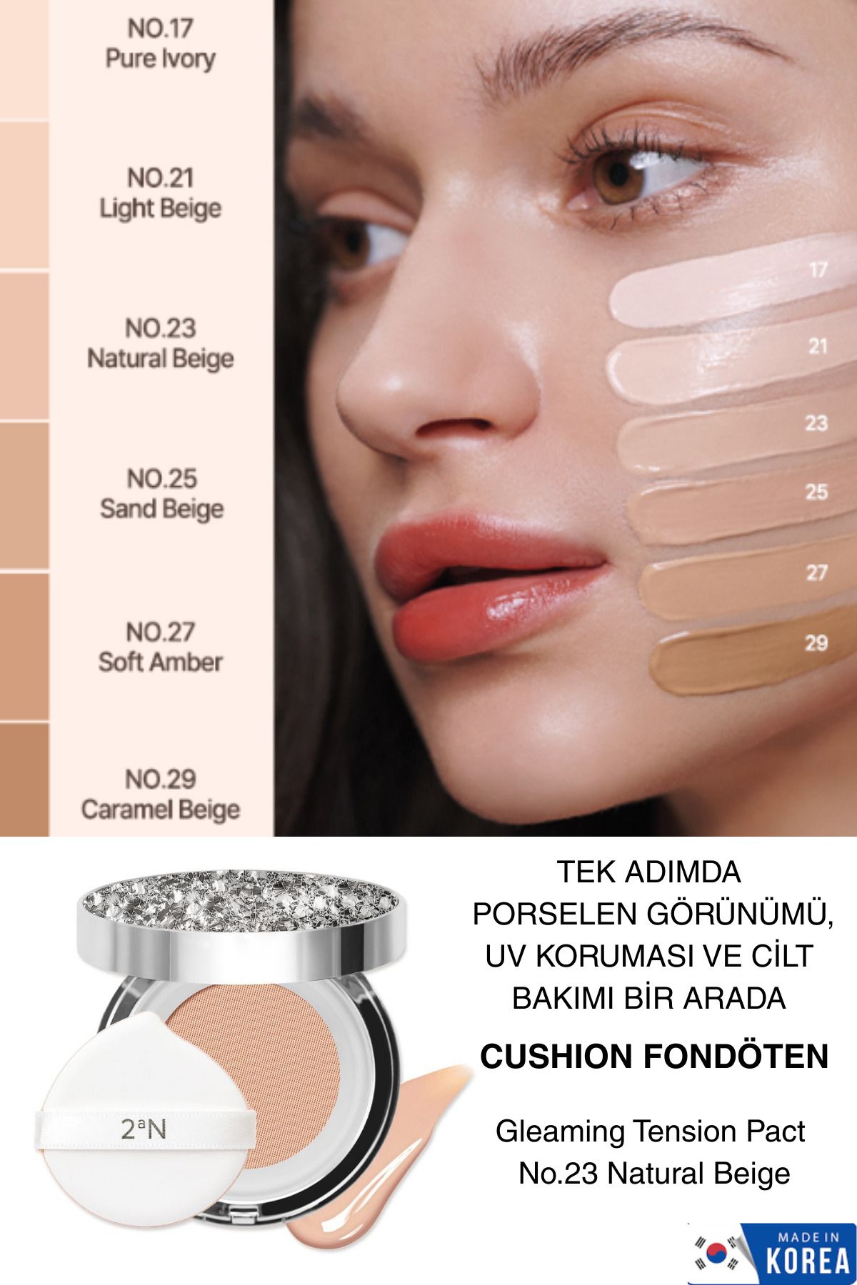 Kompakt Fondöten- Porselen Görünümü, UV Korumalı, Gün Boyu Nemlendirici Etki No.23 Natural Beige