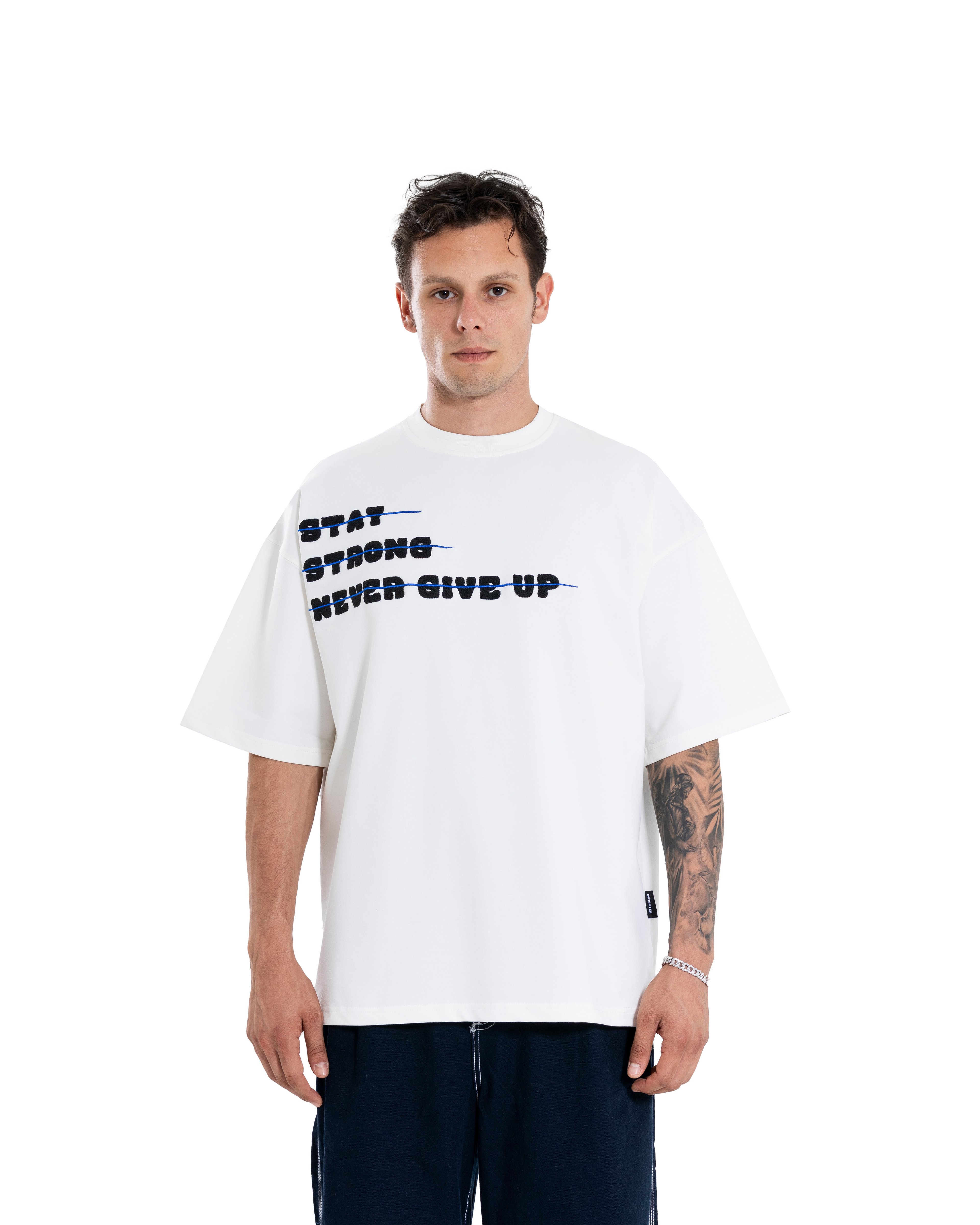 Erkek Kısa Kol Stay Strong Oversize Ekru Tişört